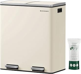 SONGMICS Trash Can, 2 x 8 Gallon (2 x 30 L) Garbage Can for Kitchen, with 15 Trash Bags, 2 Compartments, Plastic Inner Buckets and Hinged Lids, Airtight, Almond Color ULTB201A01