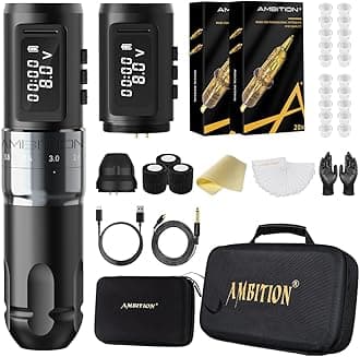 Tattoo Kit - Ambition Mars-U Wireless Tattoo Machine Kit with Adjustable Stroke 1800mAh Power Tattoo Gun Kit with 40pcs Tattoo Cartridges Needles Gloves Bandage Practice Skin for Tattoo Artists