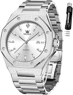 OLEVS - Large Easy to Read Stainless Steel Business Watch Analog Waterproof Luminous Casual Luxury Men Watch