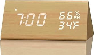 Digital Alarm Clock, with Wooden Electronic LED Time Display, 3 Alarm Settings, Humidity & Temperature Detect, Wood Made Electric Clocks for Bedroom, Bedside… (Yellow)