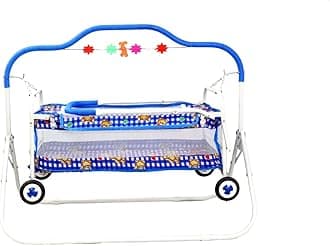 BABYBLESSINGBaby Cradle with Swing and Mosquito Net | with 4 Wheels | Foldable & Movable | Sturdy and Safe | Durable | Jhulla | Palna | with Hanging Hammock | 0-15 Months | Blue