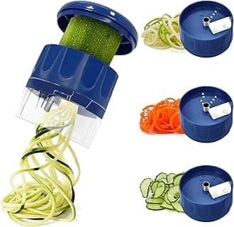 Spiralizer for Veggies, 3 in 1 Handheld Spiralizer Vegetable Slicer, Veggie Spiral Cutter Zucchini Spaghetti Maker Zoodle Maker Adjustable Spiral Slicer, Blue
