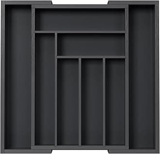 Bamboo Expandable Drawer Organizer for Utensils Holder, Adjustable Cutlery Tray, Wood Drawer Dividers Organizer for Silverware, Flatware, Knives in Kitchen, Bedroom, Living Room(M-Black)