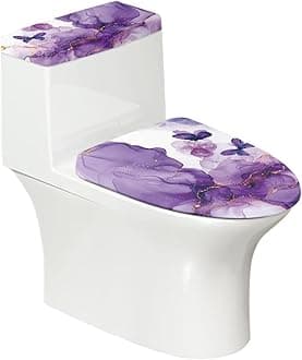 Purple Marble Butterfly Toilet Lid Dust Cover & Toilet Tank Lid Cover 2PC Elastic Edge Machine Washable Fits Most Toilet Lids Home Decor
