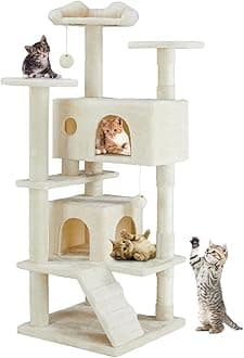 DUMOS Cat Scratching Post, 135 cm Cat Tree Climbing Tower, Cat Tree with Cave, Completely Wrapped with Sisal, Scratching Post, Activity Scratching Posts for Cats of All Ages (Beige)