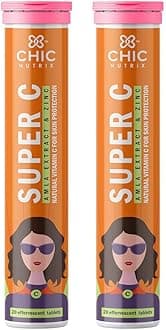 Super C - Natural Vitamin C & Zinc for Clear & Acne Free Skin | 1000mg Amla Extracts|For Women & All skin types| Orange Flavour | 40 Effervescent Tablets