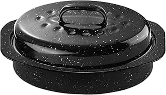 13Inch Roasting Pan, Enamel on Steel, Black Covered Oval Roaster Pan with Lid, Small Cookware for Turkey, Small Chicken, Roast Baking Pan.