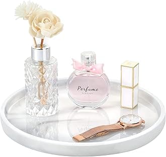 Emibele Vanity Tray, Resin Round Tray Decorative Storage Organizer for Bathroom Toilet Tank Bedroom Kitchen Countertop, Jewelry Storage Dresser Tray for Candle, Lotion Bottle, Cosmetics, Marble White