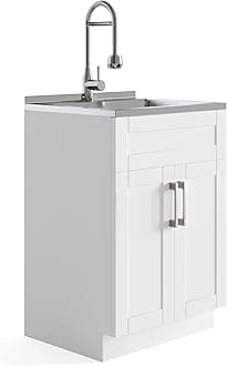 SIMPLIHOME Hennessy All-in-One 24 inch Wide Utility Sink and Laundry Cabinet in Pure White Finish, Transitional Stainless Steel Sink Cabinet for Laundry Rooms with High-Arch Chrome Faucet and Storage