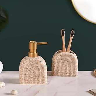 Nestasia Ceramic Textured Arched Bathroom Accessories Set of 2 - Elegant Soap Dispenser & Toothbrush Holder | Luxury Home Gift