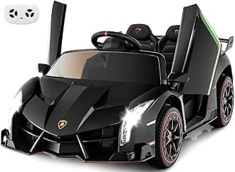 2 Seater Kids Ride on Car, 12V 4WD Licensed Lamborghini Veneno Powered Electric Vehicle with Hydraulic Doors, Rocking Mode, Adjustable Speeds, Remote Control, MP3, Headlight (Black)