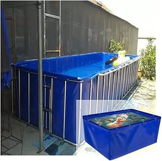 YJFENG Foldable Fish Pond, Temporary Waterproof Canvas Holding Tank, 0.5mm Heavy Duty Tarp Water Storage Pool for Saltwater Fish, Koi Turtles with Drain (Color : Blue, Size : 1.45X1.45X0.9M)