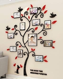 3D Tree Wall Stickers - Family Tree Wall Decor Black Trunk Picture Frame DIY Photo Frame Decals Family Frames Living Room (Red, X-Large)