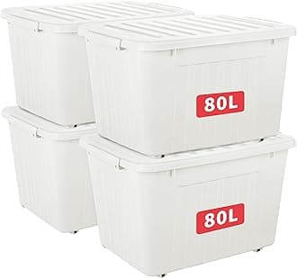 Cetomo 80L*4 Storage Boxes with Lids, Plastic Storage Box with Wheels and Secure Side Latches, Stackable & Nestable Organizer for Home, Office, Moving, PP, White, 80L-4 Pack