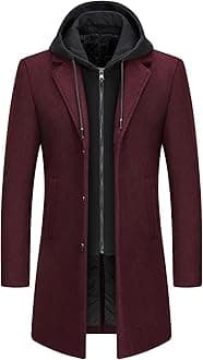 KUDMOLMens Wool Trench Coat Solid Casual Padded Outdoor Overcoat Long hooded Warm Coat Jacket