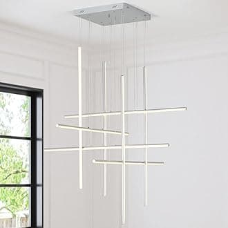 umeiluce Modern LED Linear Stairway Silver Chandelier Dimmable High Ceiling Pendant Light for Entrance Foyer Living Room 8 Lights Square Haning Chandelier with Remote Control LED 80 Watt