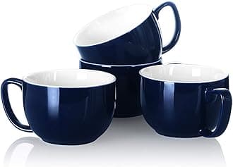 Teocera 16oz Large Coffee Mugs Set of 4 - Thick White Porcelain Cups for Cappuccino, Latte, Tea & Hot Chocolate - Dishwasher Safe Ceramic with Comfort Grip Handles（Navy
