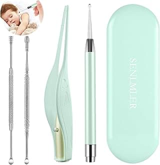 4 Pack Ear Wax Removal Tool Kit with Light, Ear Pick Ear Cleaning Tools Set for Kids and Adults, Ear Picks Digger & Tweezers & Spiral Spring Ear Spoon with Storage Box (Green)
