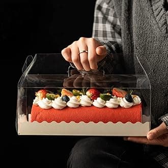 10Pcs Roll Cake Boxes Clear Swiss Cake Carrier Container Cupcake Packing Box Hot Dog Muffin Sanwich Plastic Container with Handle Transparent Bakery Storage Holder Dessert Holder