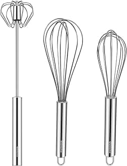NileHome Stainless Steel Whisk Set 8" 10" Hand Blender + 12" Semi-Automatic Rotary Kitchen Whisk Kitchen Wisk Wire Whisks for Cooking, Whisking, Blending, Beating, Stirring- 3 Pack...