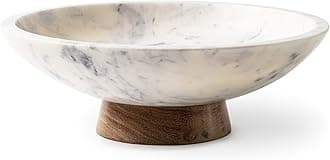Marble Decorative Bowl for Home Decor - Handcrafted Natural Stone with Acacia Wood Pedestal - Versatile 11" Catch All for Entryway, Kitchen Fruit Bowl, Potpourri, Dining Table Centerpiece