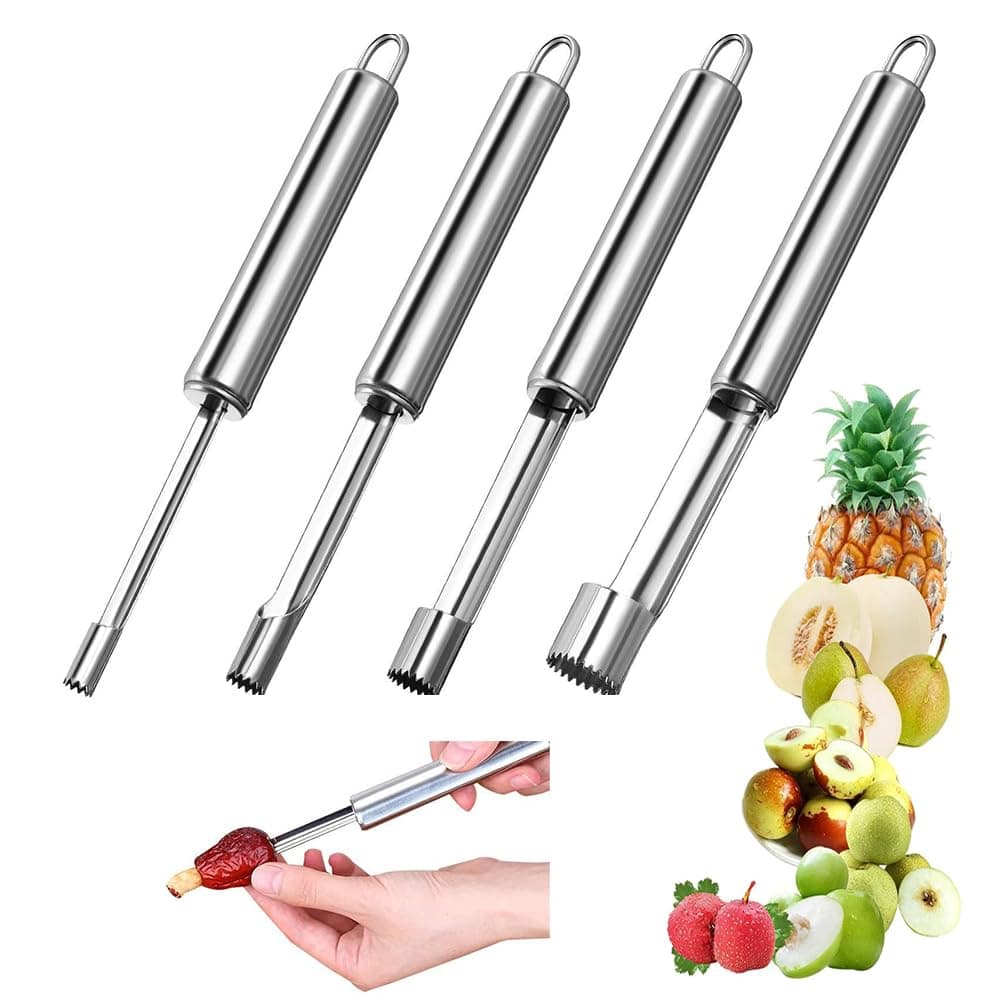 Aowin 4 Pieces Fruit Corer,Multi-Function Fruit Pitter Remover Set,Stainless Steel Corer and Pitter Remover Set for Home Kitchen,Corer Tool for Apple,Pear,Cherry,Jujube,Red Dates, Berry,Chili