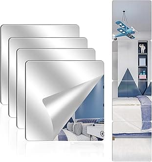 Vandlciad 4 Pack Acrylic Mirrors for Wall,8 x 8 Inch Self Adhesive Frameless Small Mirror Tiles, Flexible Plastic Mirror Sheets for Bedroom Home Gym Door (12 * 12 inch)