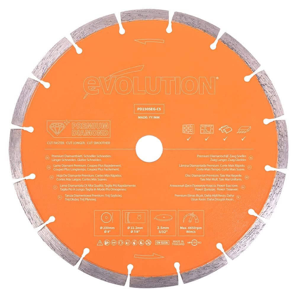 Evolution 9 Inch Diamond Blade with Segmented Edge, 1 in Bore, Concrete, Stone, Brick Cutting Diamond Blade