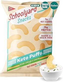Schoolyard Sour Cream & Onion Protein Puffs - 14g Protein, Keto Friendly, Low Carb & Sugar, Gluten Free, Healthy Diabetic & Kids Snack, No artificial flavours or colors | Made in the USA (12 Pack)