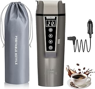 Car Electric Kettle: 12V/24V Portable Water Boiler Heated Travel Mug,Multiple Temperature Adjustable Coffee Tea Truck Cup with 304 Stainless Steel Dry Burn Protection & Handy Cup Bag (Taupe, 400 ML)