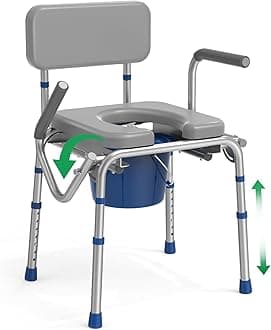 Drop Arm Bedside Commode, Commode with Padded Seat and Backrest, 500lbs Capacity, 5.81QT Removable Bucket, Adjustable Height Portable Toilet for Adults, Gray