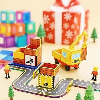 Magnetic Road & Construction Tiles Set – Track + Crane, Workers, Cars – STEM Building Toy for Kids Ages 3+ – Compatible with Magna-Tiles & PicassoTiles