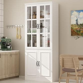 AIEGLE Freestanding Pantry with 2 Glass Doors, Large Storage Cabinet with 5-Tier Shelf, Tall Cabinet for Dining Room, Living Room, White