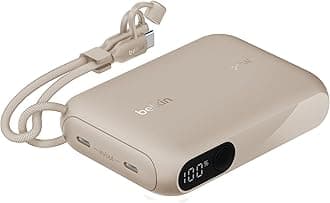 Belkin BoostCharge Mobile Battery with Display (10,000mAh 20W USB-C Cable Built-in) Supports Max 20W PD Fast Charging, PPS Compatible, Compatible with iPhone & Android Phones, Dual Device Charging