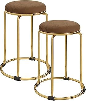 Nutech Decor Elegant Round Flannel Stool for Dining, Living Room, and Makeup Area - Stylish Golden Metal Low Stool - 46CM (Brown)