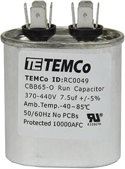 TEMCo 7.5 uF Run Capacitor CBB65, 7.5 MFD, 370-440V, Oval, 50/60Hz | for HVAC AC Fan, Motor, Blower Applications