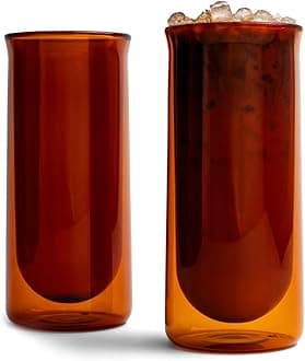 FLUR Iced Coffee Glasses (Set of 2) Perfect for Iced Coffee, Cold Brew & Lattes – Double-Walled Borosilicate Glass – For Hot & Cold Drinks – Lightweight & Easy to Clean – 15.5oz (Amber)