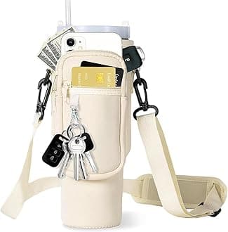 Water Bottle Holder with Strap, Water Bottle Carrier Bag with Phone Pocket, Shoulder Hand Strap Insulated Neoprene 40 oz Water Bottle Sleeve for Walking Hiking Camping Gym, Milky white