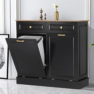 Anbuy Dual Tilt Out Cabinet with Two Wood Hideaway Trash Drawers, Free Standing Recycling Double Can Holder for Kitchen(Black)
