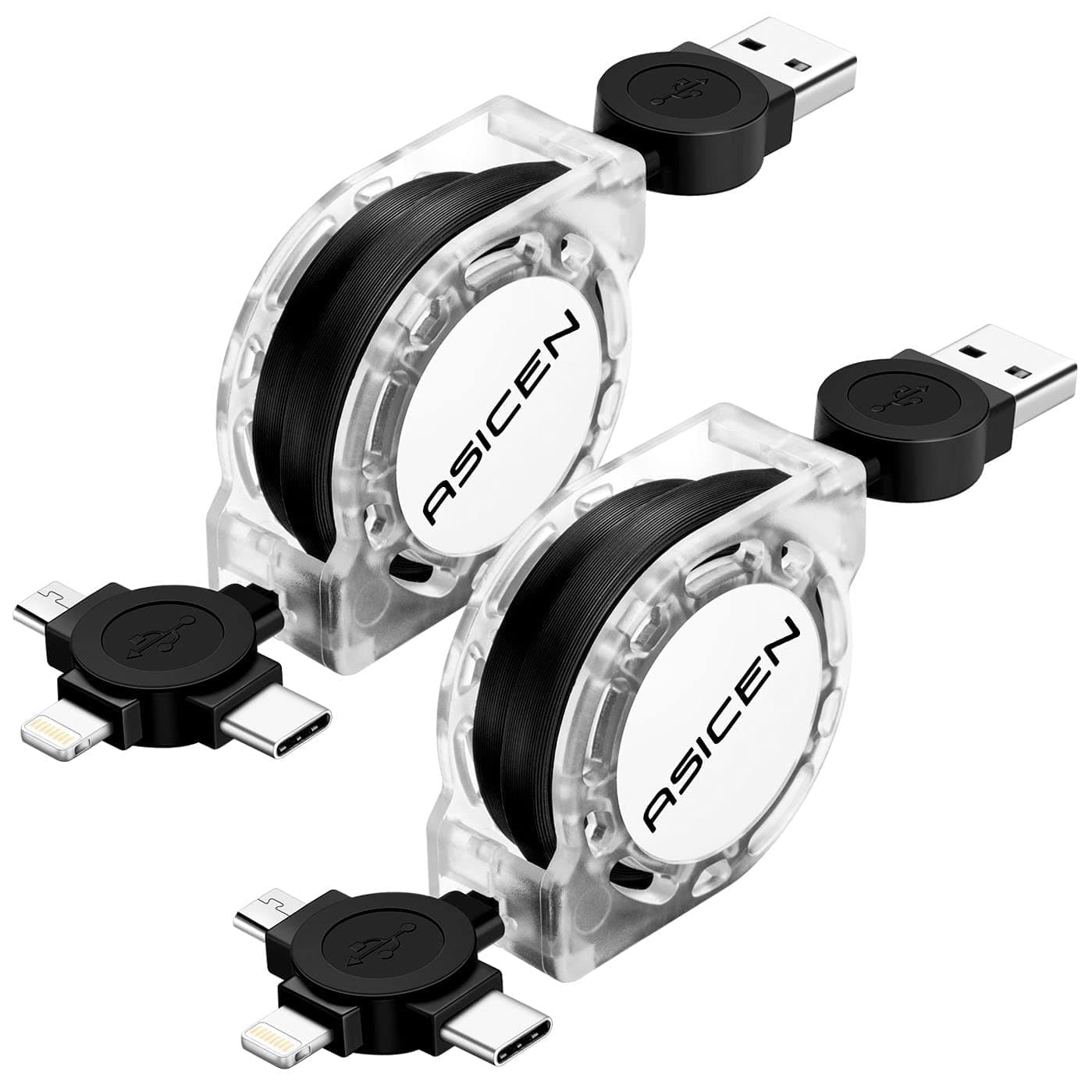 Micro USB Cable, ASICEN 2 Pack 3-in-1 Retractable Lightning to USB Cable Type C Sync Fast Charging Cord for iPhone, iPad Mini/Pro/Air, Samsung, Moto, Blackberry, Nokia, LG, Google, HTC (Black)