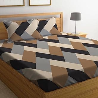LOOMLYFE 300 TC Cotton Feel Glace Cotton Elastic Fitted Printed Queen Size Double Bed Bedsheet with 2 Pillow Covers Fits Upto 8 inches,Size- 60x78x10 Inches, BrownGreyCross