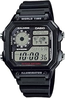 CasioAE1200WH Series | Men’s Digital Watch | 100M WR | Multi Alarms | 100 SEC Stopwatch | Countdown Timer | World Map for World Time | LED Light | LC Analog Display | 10 Year Battery