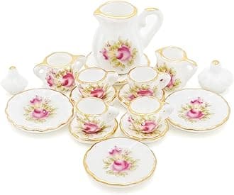 Odoria 1/12 Miniature Porcelain Tea Set 15Pcs Dollhouse Decoration Accessories, Pink Rose