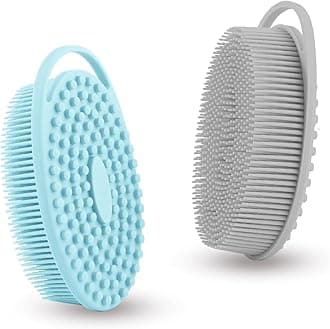 Silicone Body Scrubber, Exfoliating Silicone Loofah, Soft Silicone Body Shower, 2 in 1 Bath and Shampoo Brush, Body Scrubber Shower Cleaning for Sensitive Skin, Lather Well 2 PCS Grey and Blue