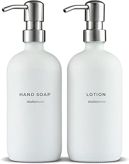 MaisoNovo Glass Soap Dispenser with Pump | Vintage Soap Dispenser Bathroom and Kitchen Set w. Dish Soap, Hand Soap, Lotion Waterproof Labels | 16oz Bottles with Pumps - Set of 2