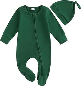 Newborn Baby Girl Boy Clothes Infant Long Sleeve Soild Footed Romper Zipper Footie Jumpsuit With Hat Fall Outfit