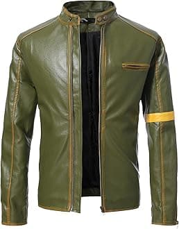 Men's Casual Jacket Striped Vintage Pilot Jacket Full Zip with Chest Pocket Denim Jacket Steampunk Jacket Medieval Stand-Up Collar Faux Leather Jacket Men's Slim Fit, Green, XXXXXL