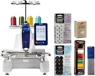 Brother Persona PRS100 Single Needle Embroidery Machine, 50-Piece Designio Thread Set, 20 Bobbins, 100-Piece 75/11 Embroidery Needles, Stabilizer Roll