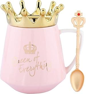 NYRWANA Coffee Mug, Gift for Woman, Birthday Present for Girlfriend, Wife Gift for Anniversary, Queen of Everything Mug with Golden Crown & Spoon (350ml-Pink)