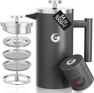 Coffee Gator 304 Grade Stainless Steel French Press Coffee Maker 34 oz, Double Wall Insulated Hot Cold Brew Teapot with 4-Level Filtration System, Include Travel Jar Canister, Rust-Free, Kitchen, Gray